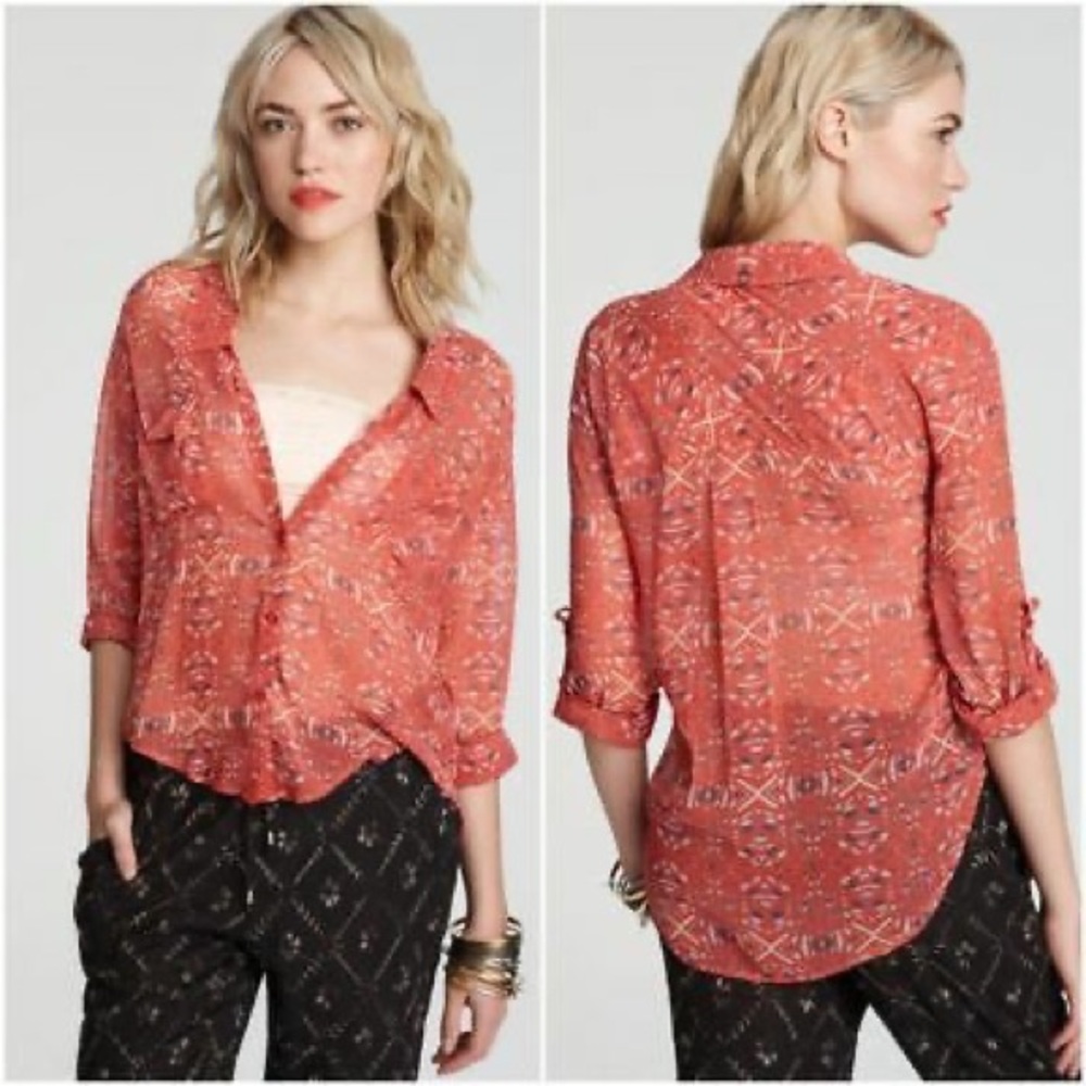 Free People Coral Chiffon Button Down